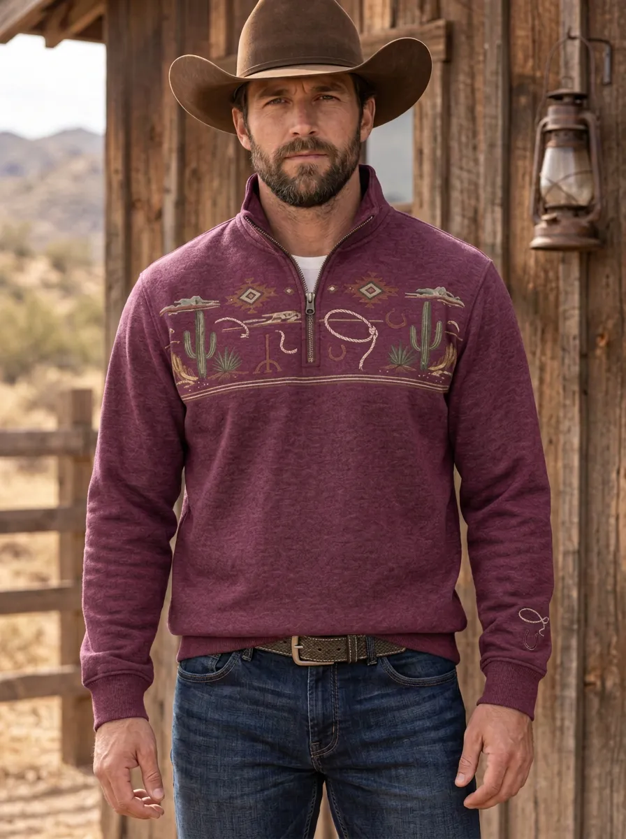 Men's Classic Western Cowboy Lasso Cactus Quarter-Zip Sweatshirt