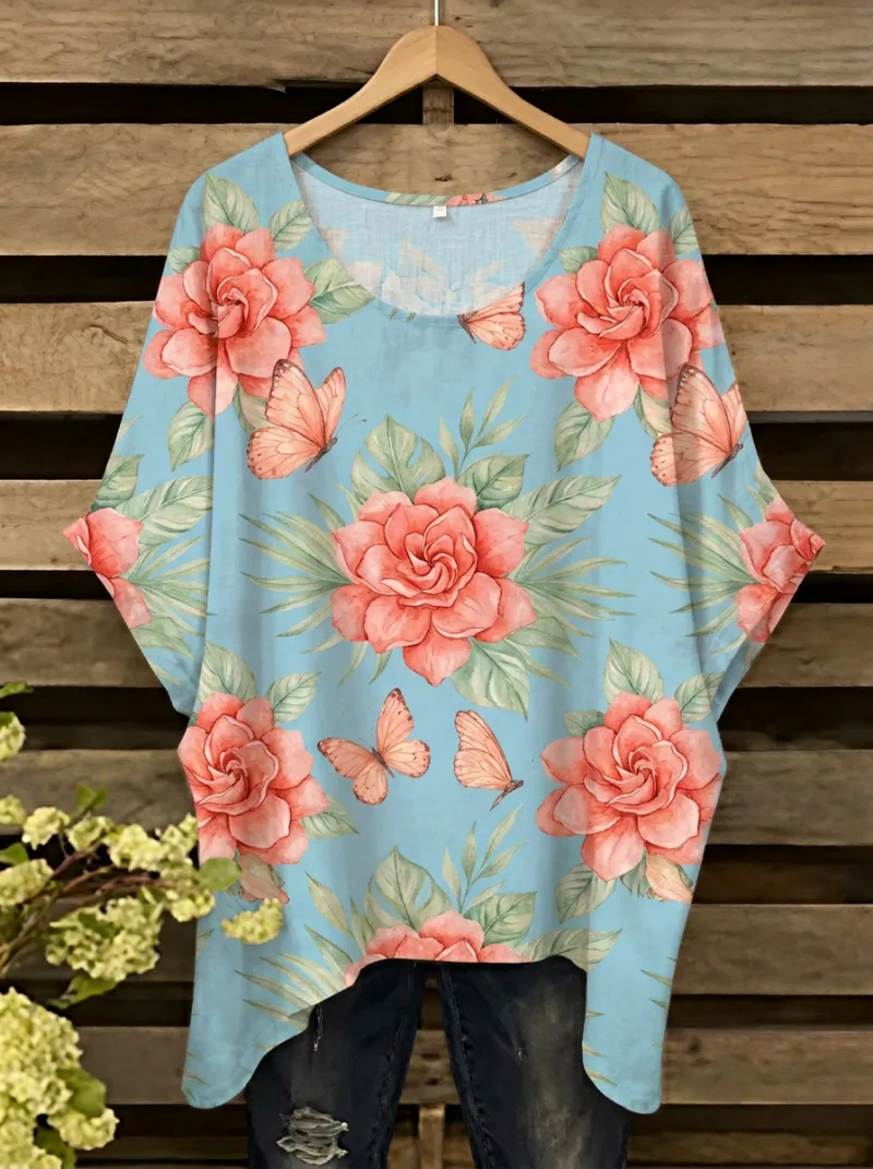 Butterfly Floral Women's Loose Printed T-Shirt