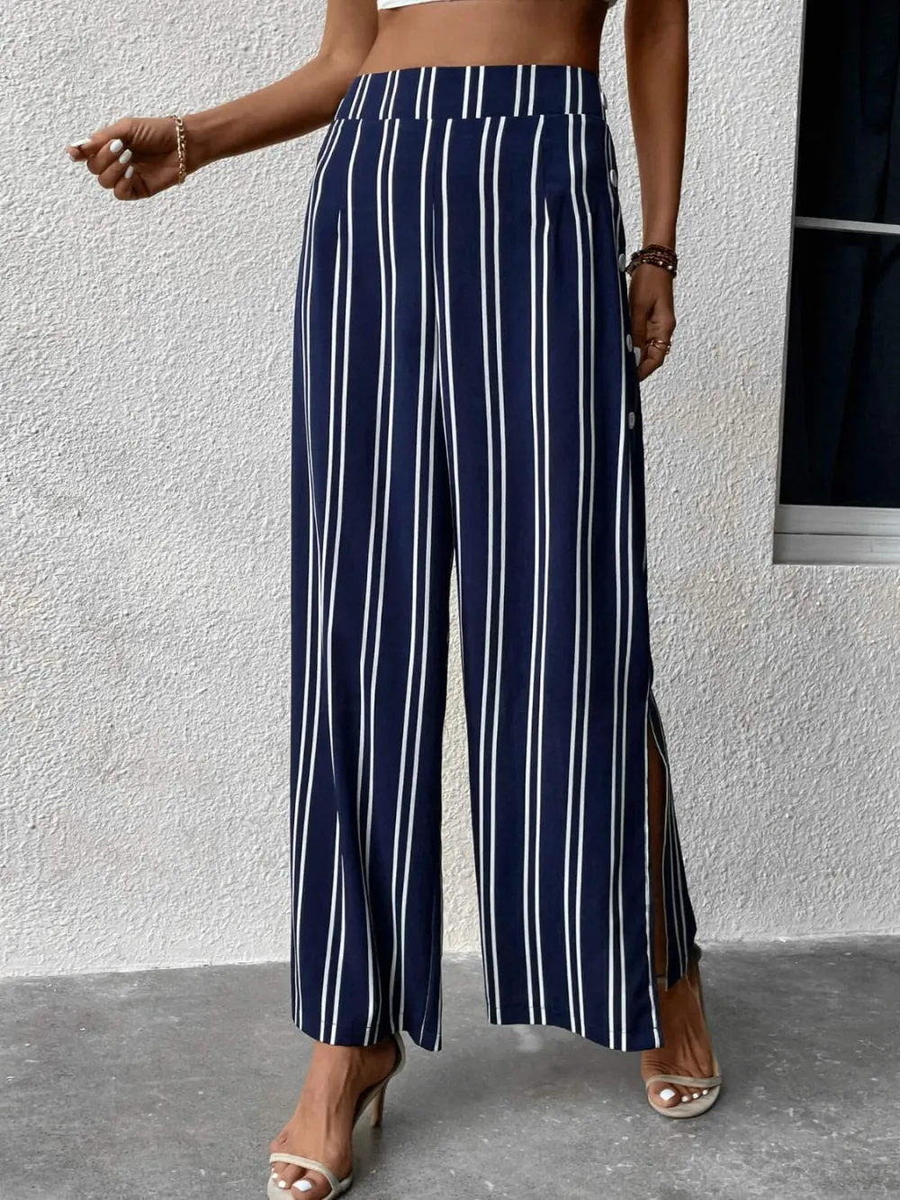 Wide Leg Striped Slit Detail Everyday Pants