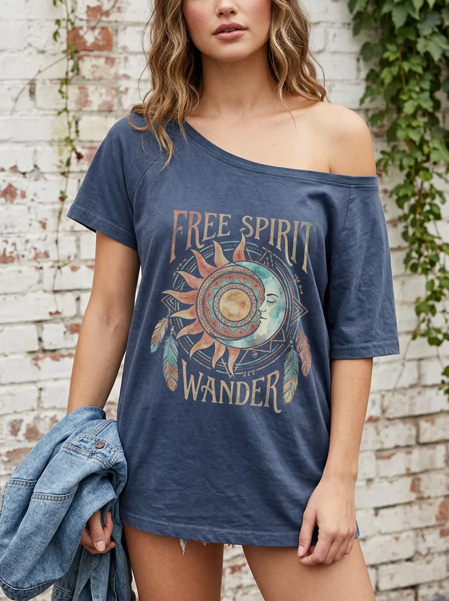 Women's Boho Free Spirit Sun Moon Feather Printed T-shirt