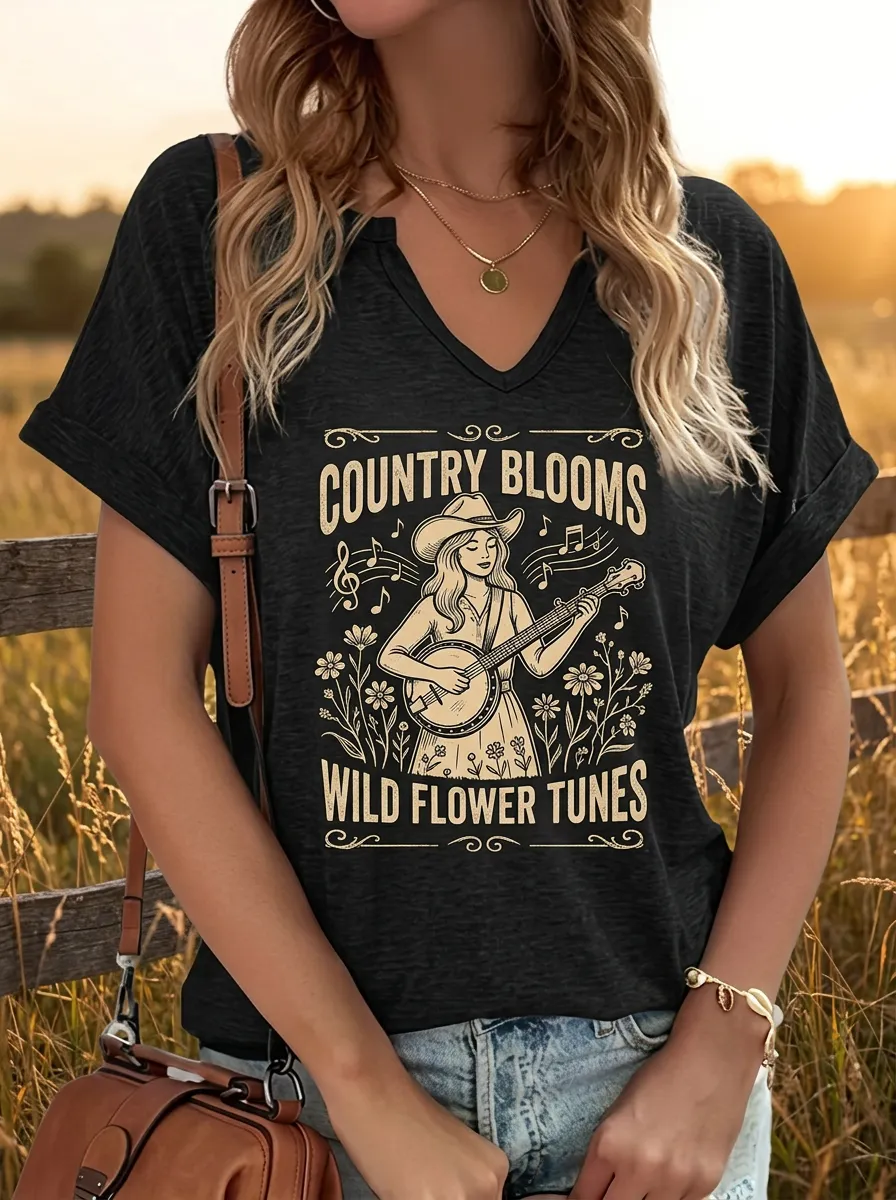Backroad Banjo Wildflower Women's Country Music V-Neck T-Shirt