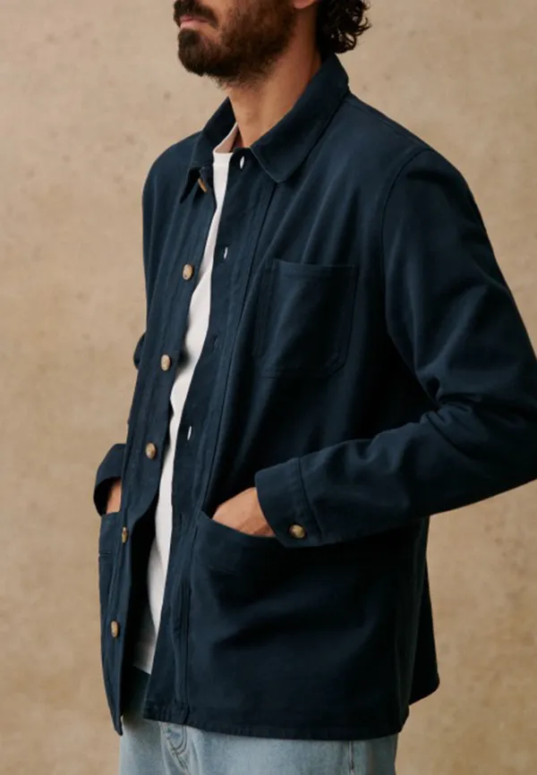 Navy Blue Cotton Button Front Chore Jacket