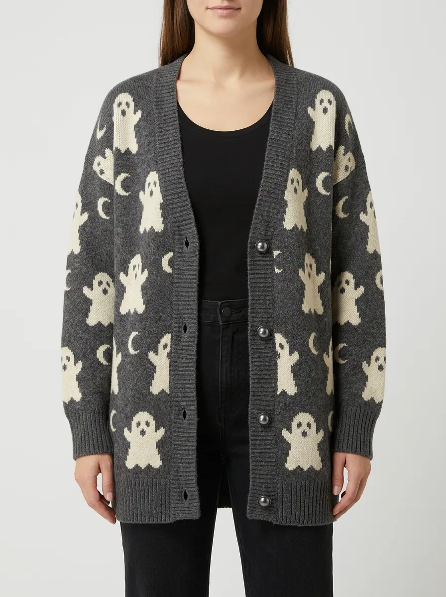 Women's Halloween Ghost Moon Pattern Knitted Cardigan