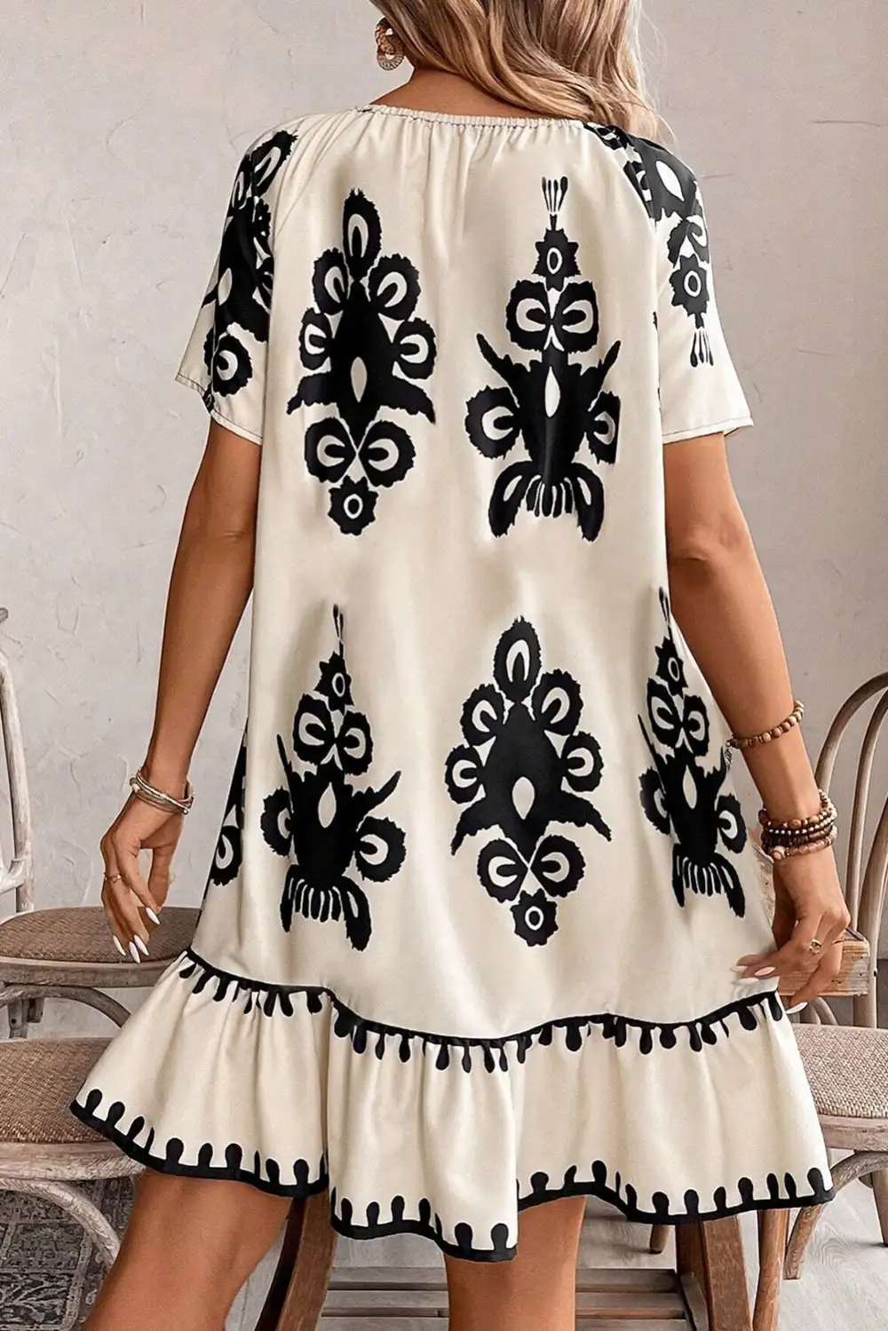 Ruffle Trim Short Sleeve Relaxed Fit Mini Dress