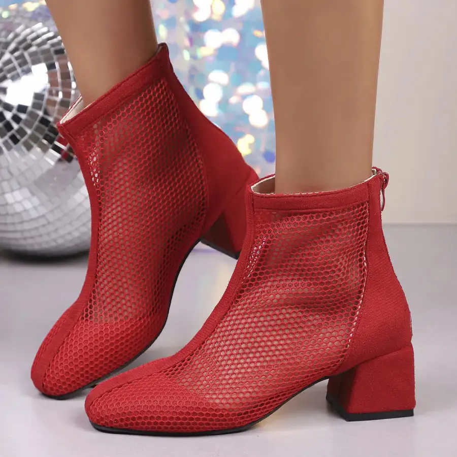 Mesh Block Heel Boots