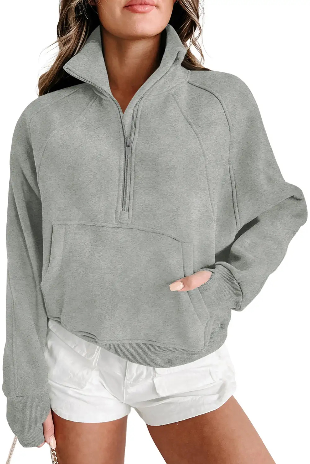 Zip Up Stand Collar Ribbed Thumbhole Sleeve Sweatshirt
