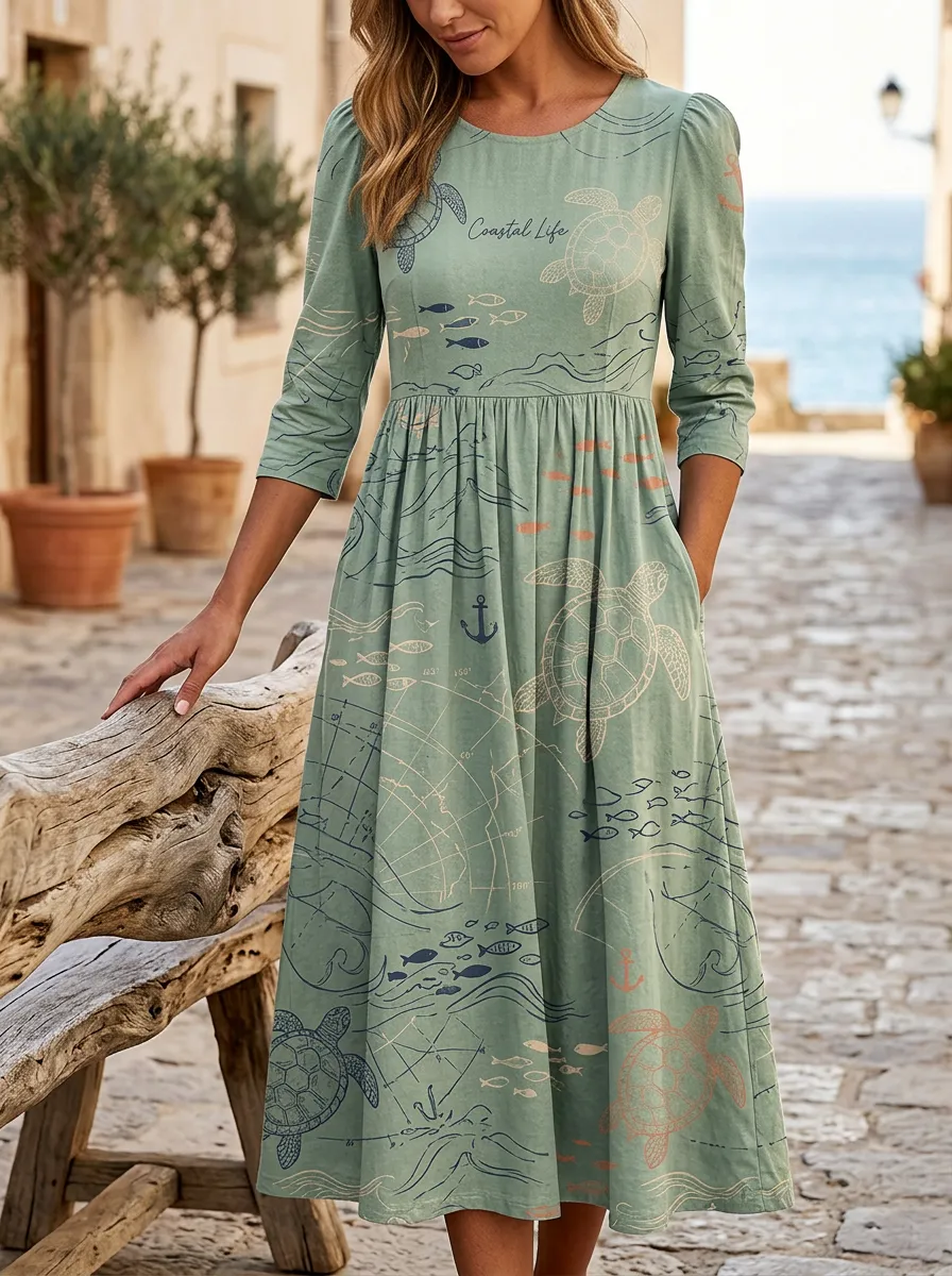 Women's Coastal Life Sea Turtle Nautical Printed Jumpsuit