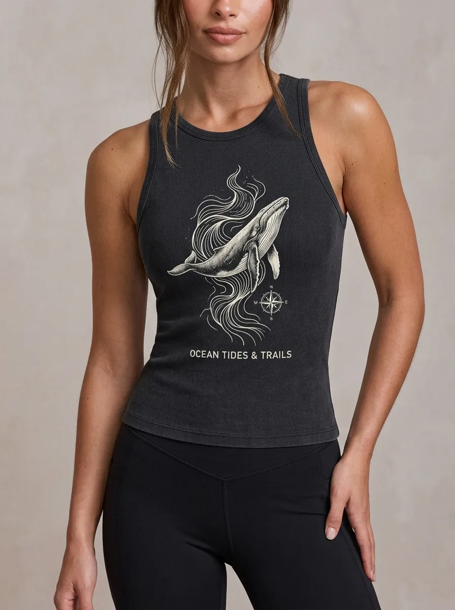 Women's Ocean Lover Humpback Whale Compass Printed Tank Top