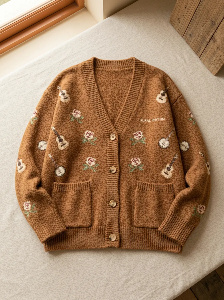 Rustic Guitar Knitted Women's Country Music Casual Cardigan