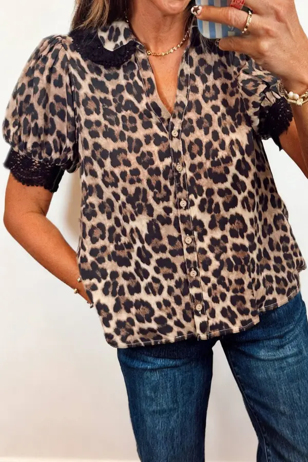 Leopard Print Lace Trim Button Front Shirt Blouse