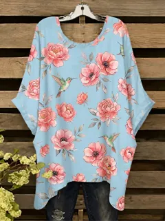 Garden-Inspired Hummingbird Floral Women's Loose Printed T-Shirt