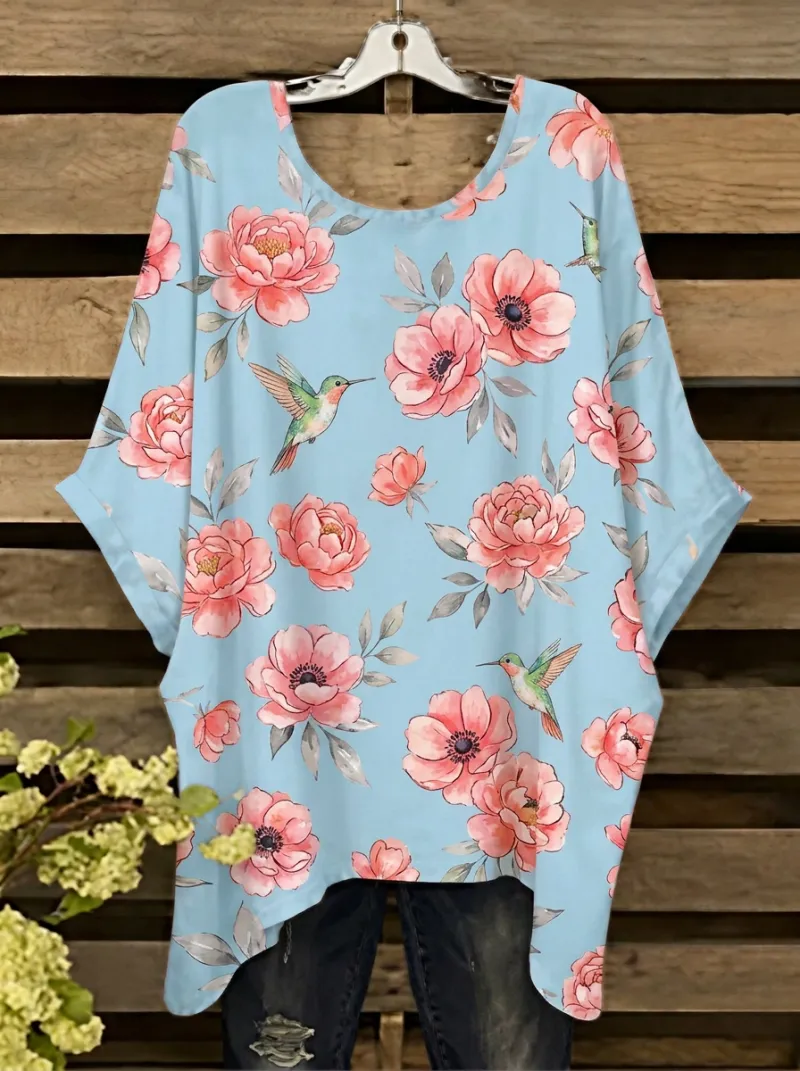 Garden-Inspired Hummingbird Floral Women's Loose Printed T-Shirt