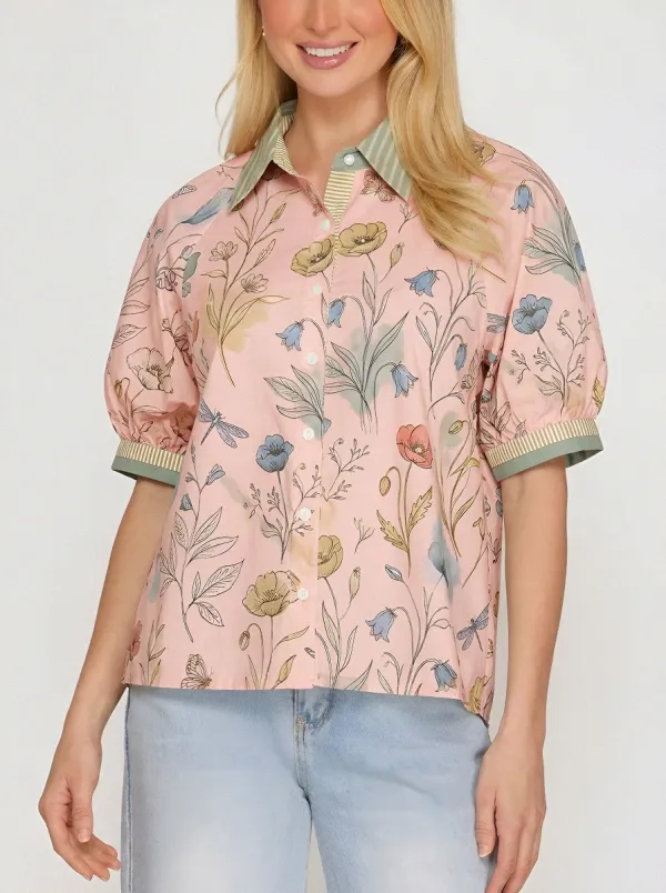 Women's Botanical Nature Lover Floral Dragonfly Printed Button-up Shirt