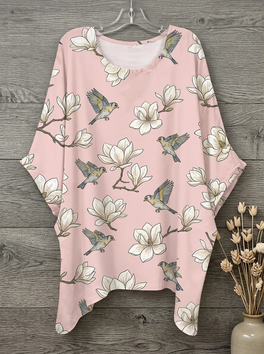 Bird Magnolia Nature Women's Loose Printed T-Shirt