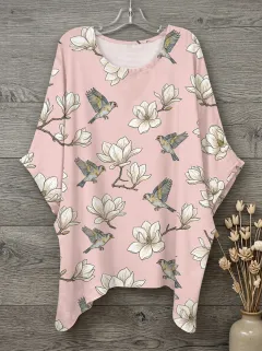 Bird Magnolia Nature Women's Loose Printed T-Shirt