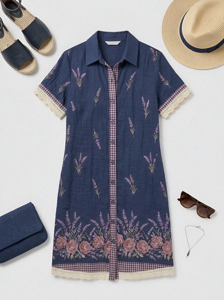 Women's Summer Vacation Lavender Floral Gingham Printed Shirt Dress