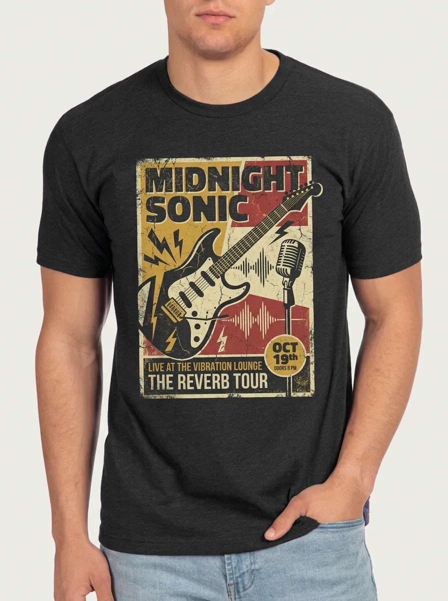 Men's Rock Music Lover Electric Guitar Microphone Printed T-shirt