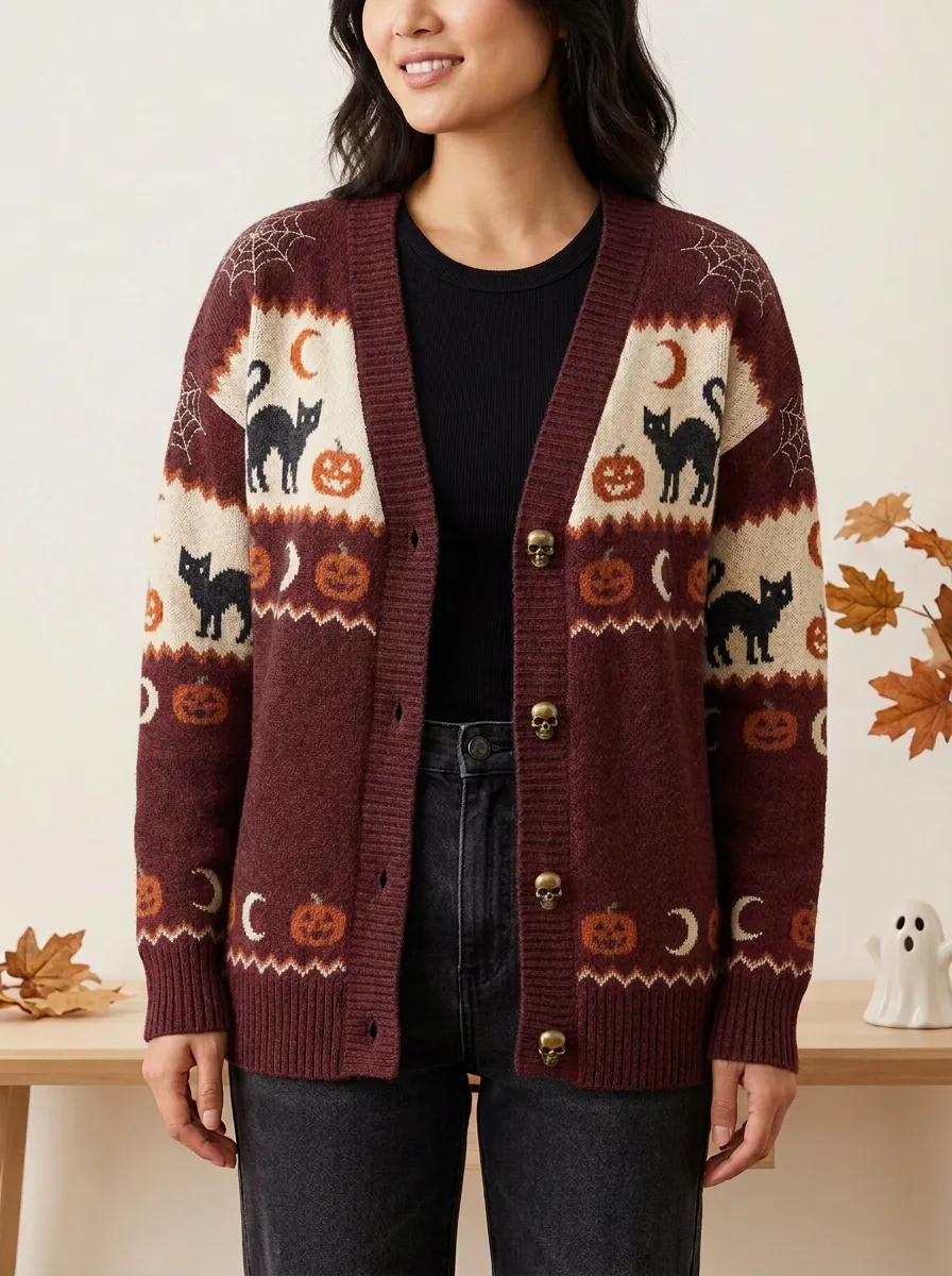 Women's Halloween Black Cat Pumpkin Moon Patterned Knit Cardigan
