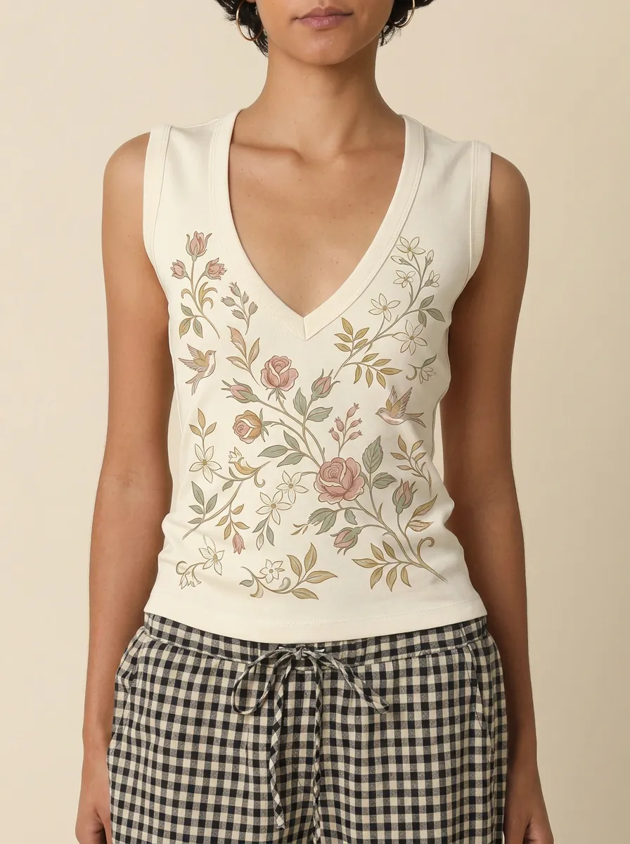 Women's Floral Bird Botanical Art Printed V-neck Tank Top