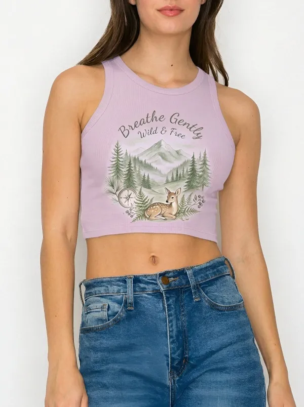 Women's Nature Lover Deer Mountain Compass Printed Crop Top