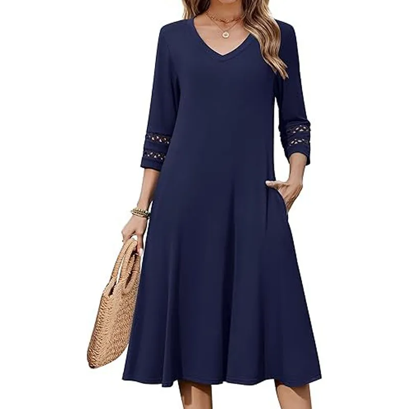 ☀️👗Top Pick - V-Neck Midi Dress – Relaxed Fit & Soft Drape for Any Occasion
