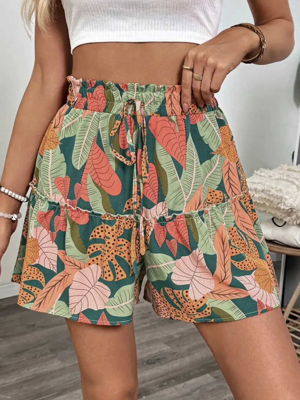 Tropical Print High-Waist Shorts