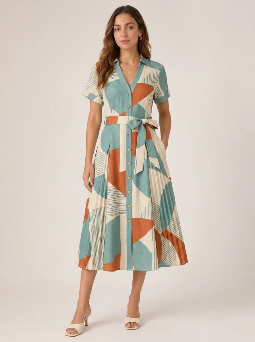 Women's Geometric Pattern Abstract Print Button-Down Midi Shirt Dress