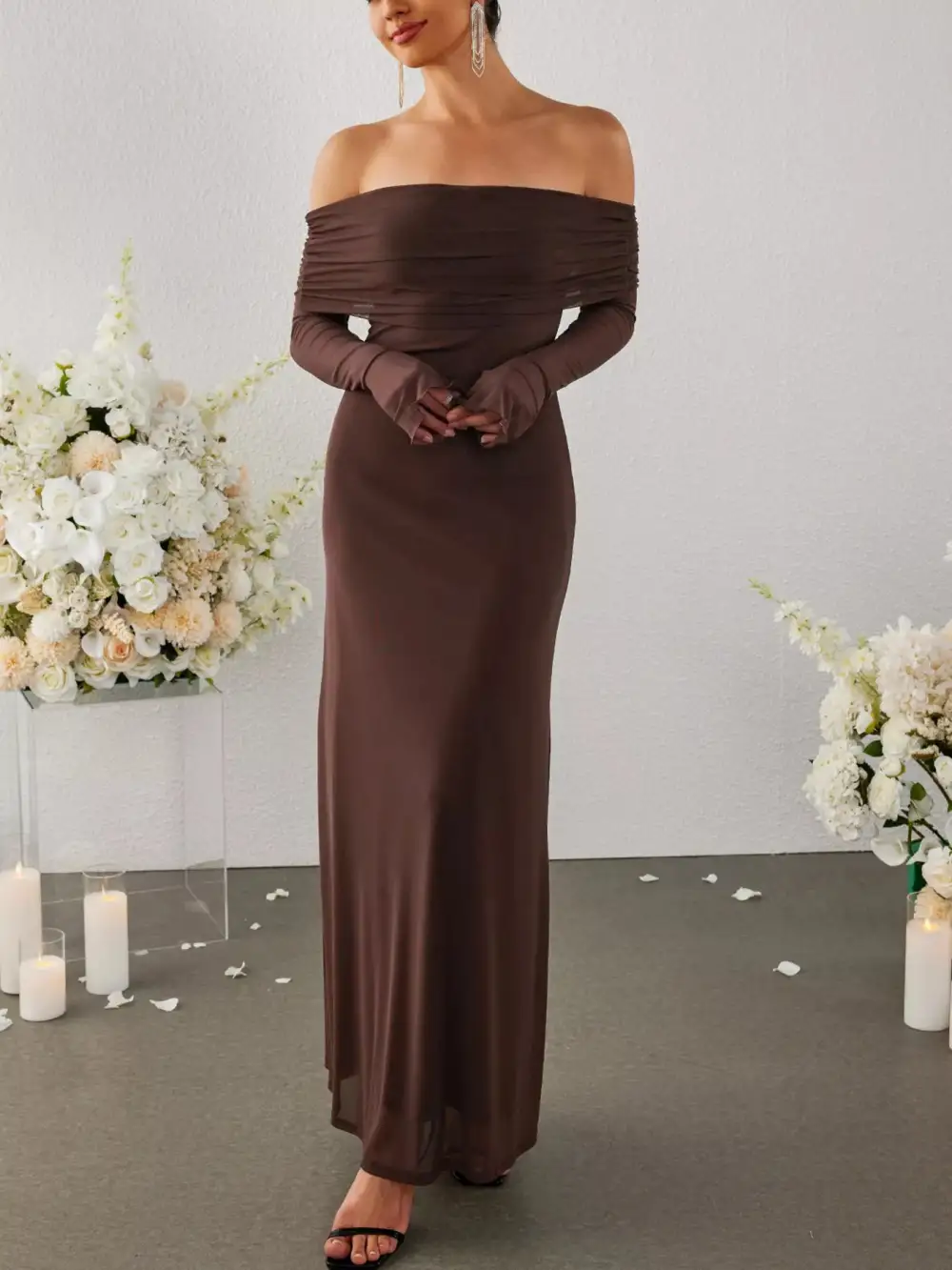Off Shoulder Ruched Long Sleeve Maxi Dress