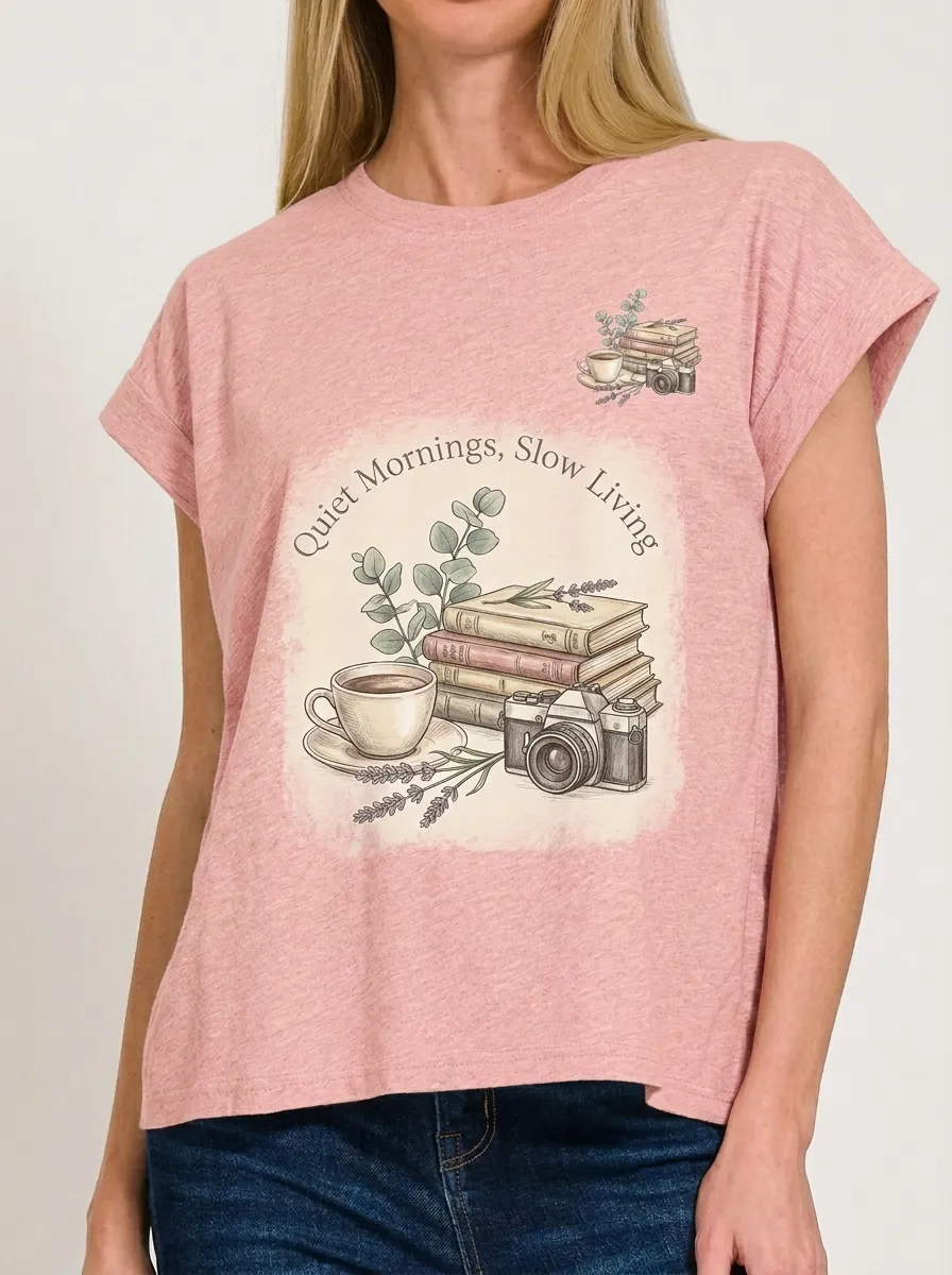 Women's Book Coffee Camera Lover Quiet Mornings Printed T-shirt