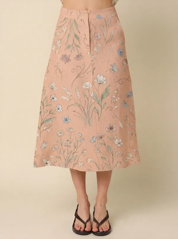 Women's A-Line Botanical Garden Butterfly Floral Printed Midi Skirt