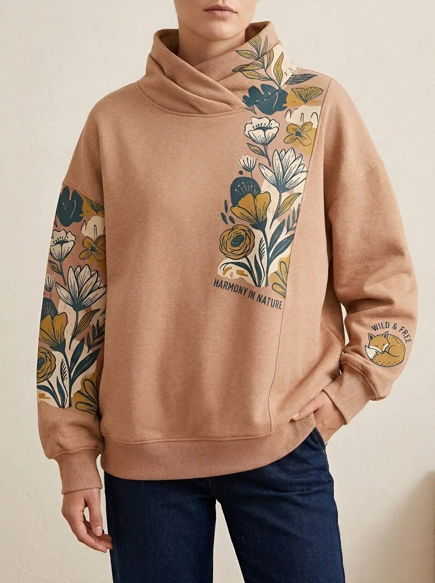 Nature Lover Floral Fox Cowl Neck Sweatshirt