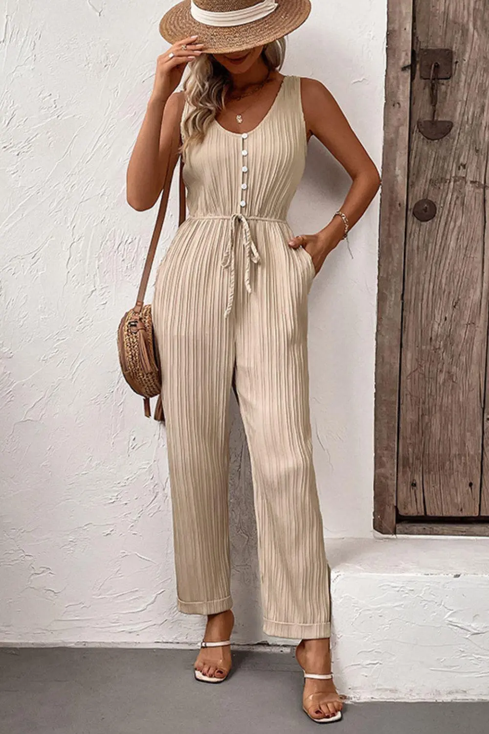 Textured Sleeveless Pockets Jumpsuit