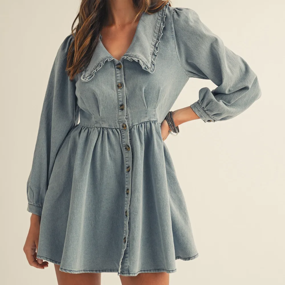 Denim Ruffle Detail Long Sleeve Dress