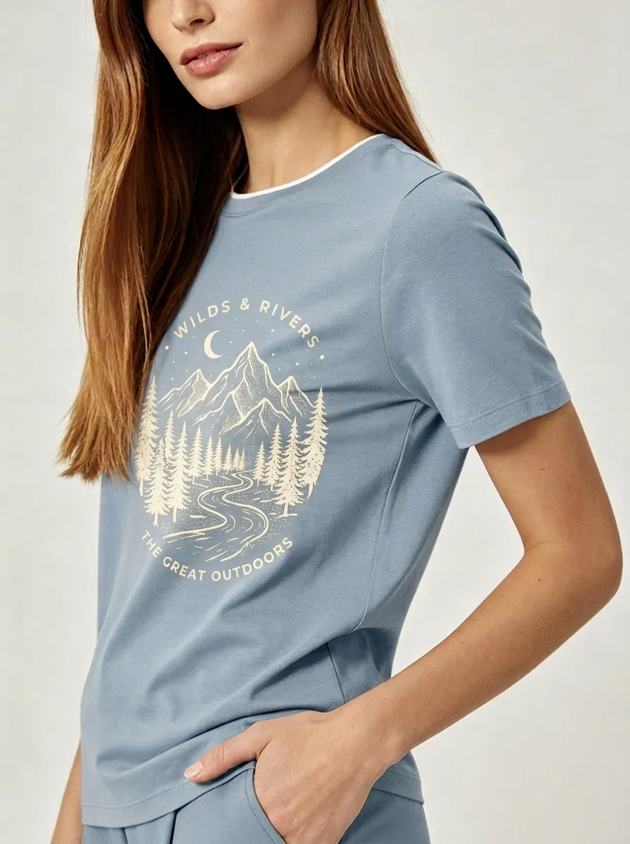 Women's Nature Lover Mountain River Forest Printed T-shirt