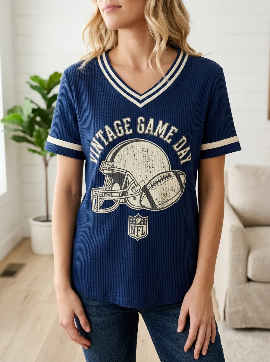 Women's Football Lover Vintage Game Day Helmet Printed Waffle Top