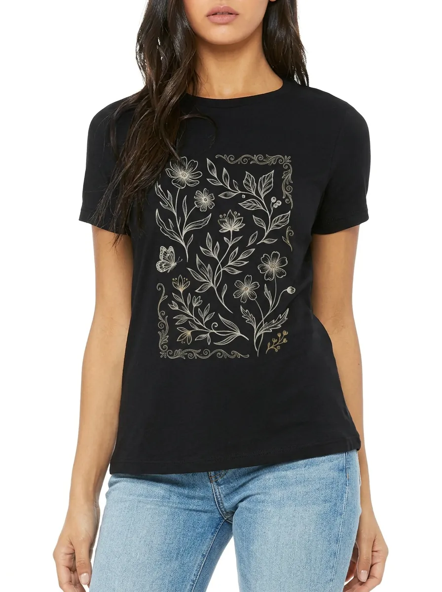 Women's Botanical Nature Lover Floral Butterfly Printed T-shirt