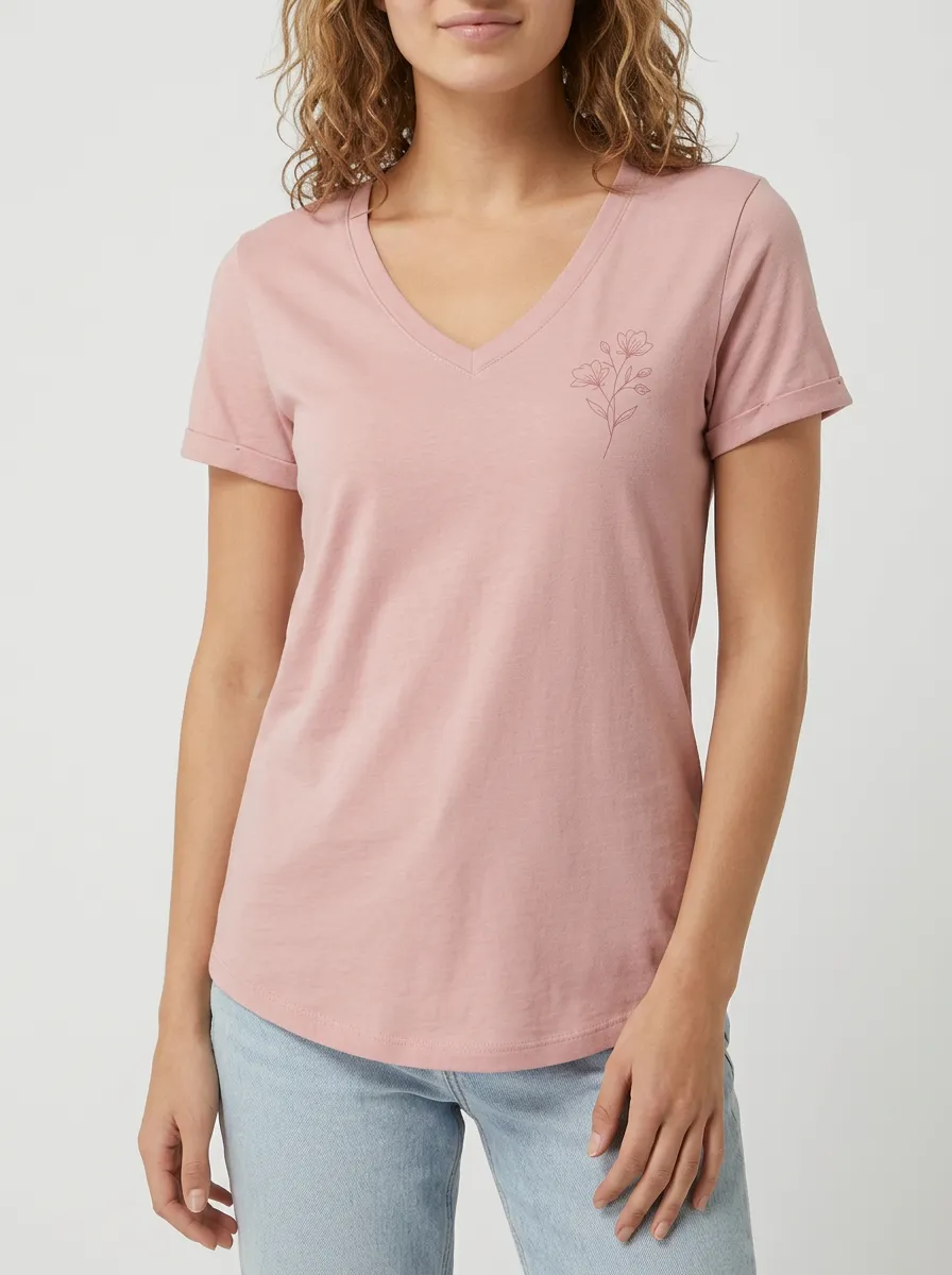 Women's Minimalist Floral Line Art Printed V-Neck T-Shirt