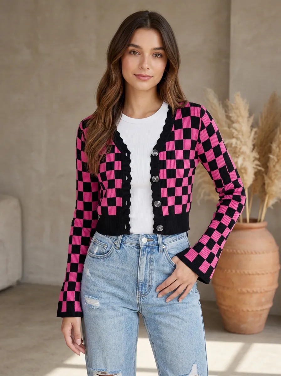 Women's Pink Black Checkered Pattern Knitted Cardigan