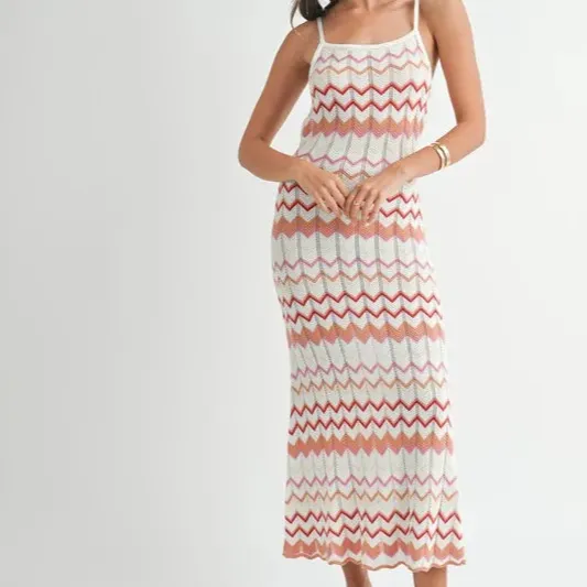 Lightweight Pointelle Chevron Knit Maxi Dress