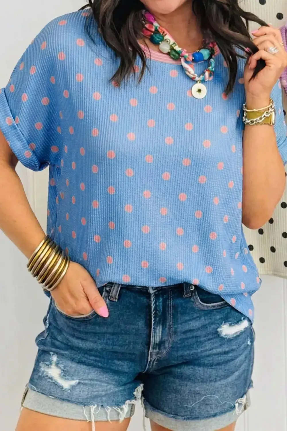 Casual Polka Dot Print Ribbed Knit T