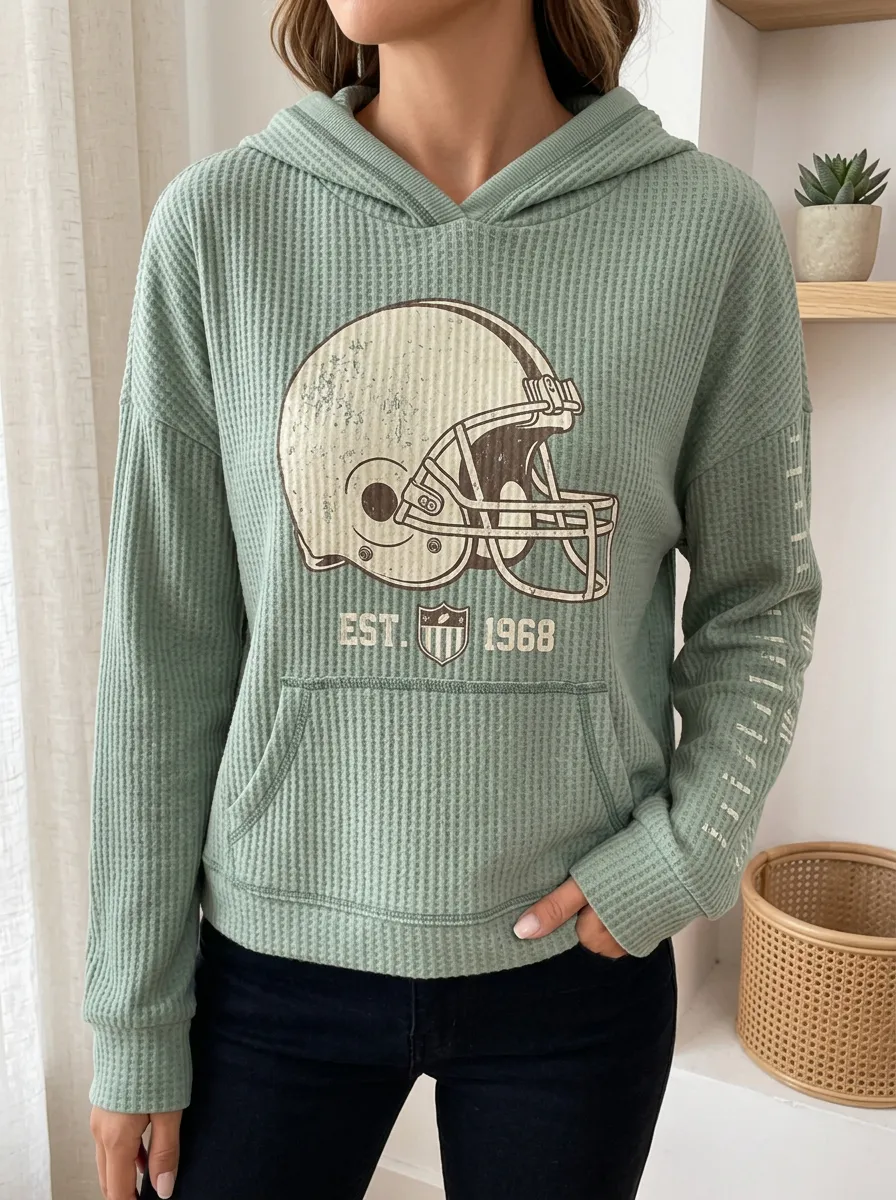 Women's Football Fan Vintage Helmet 1968 Printed Waffle Hoodie