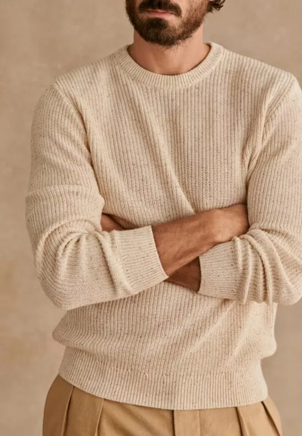 Natural Beige Ribbed Knit Crew Neck Sweater