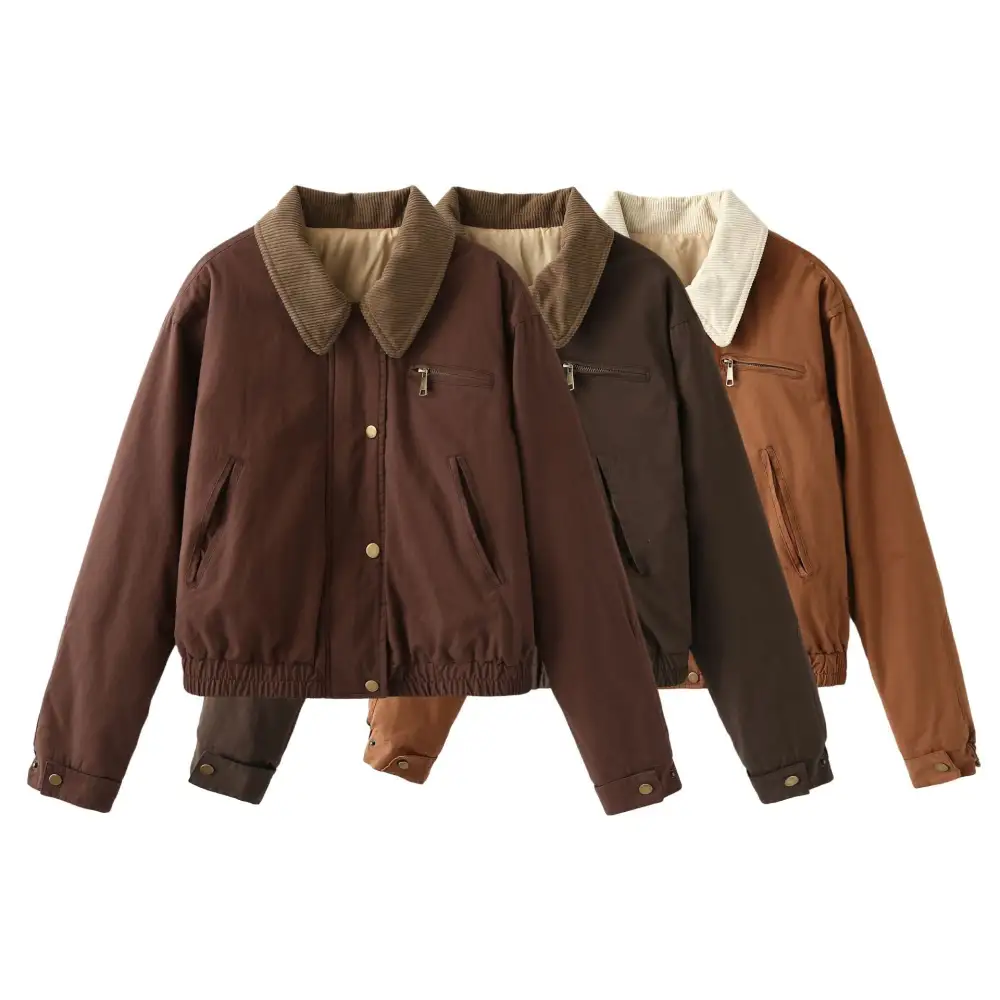 Cropped Corduroy Zip Front Bomber Jacket