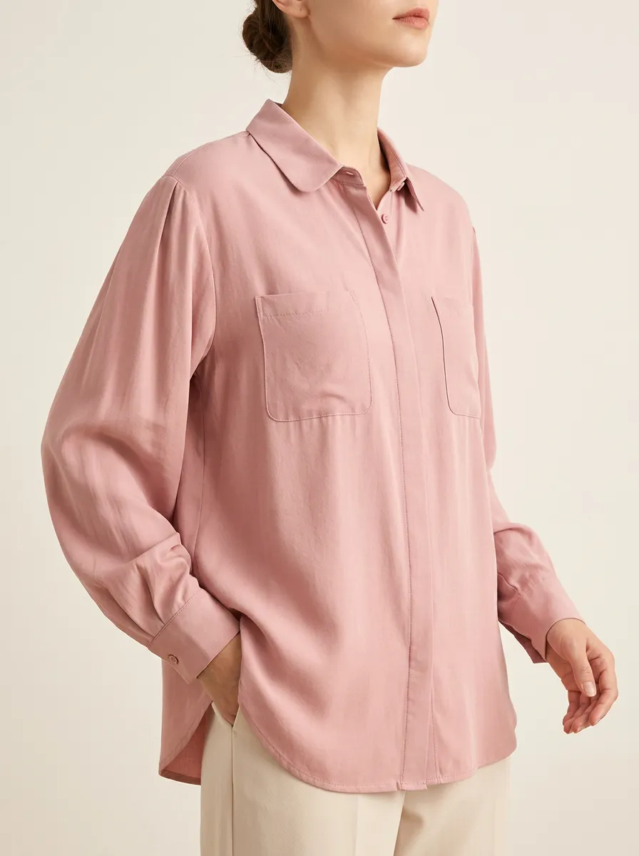 Women's Casual Pink Solid Color Button Down Long Sleeve Shirt