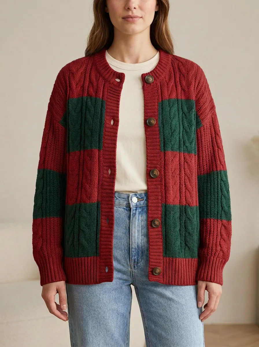 Rugby Color Block Cable Knit Cardigan