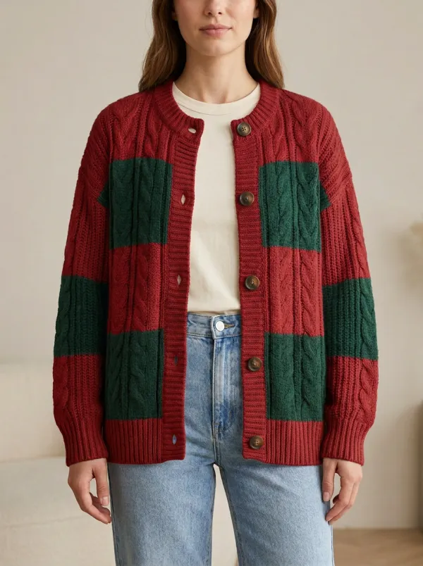 Rugby Color Block Cable Knit Cardigan