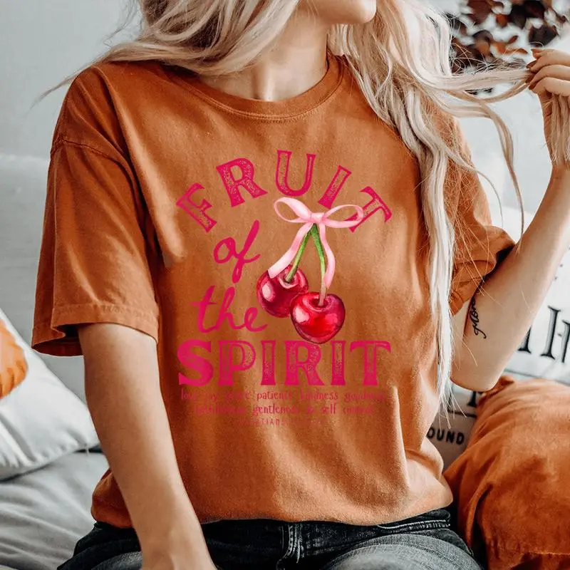 Fruit Of The Spirit Christian Coquette Pink Bow Cherries Women's Oversized Comfort T-Shirt
