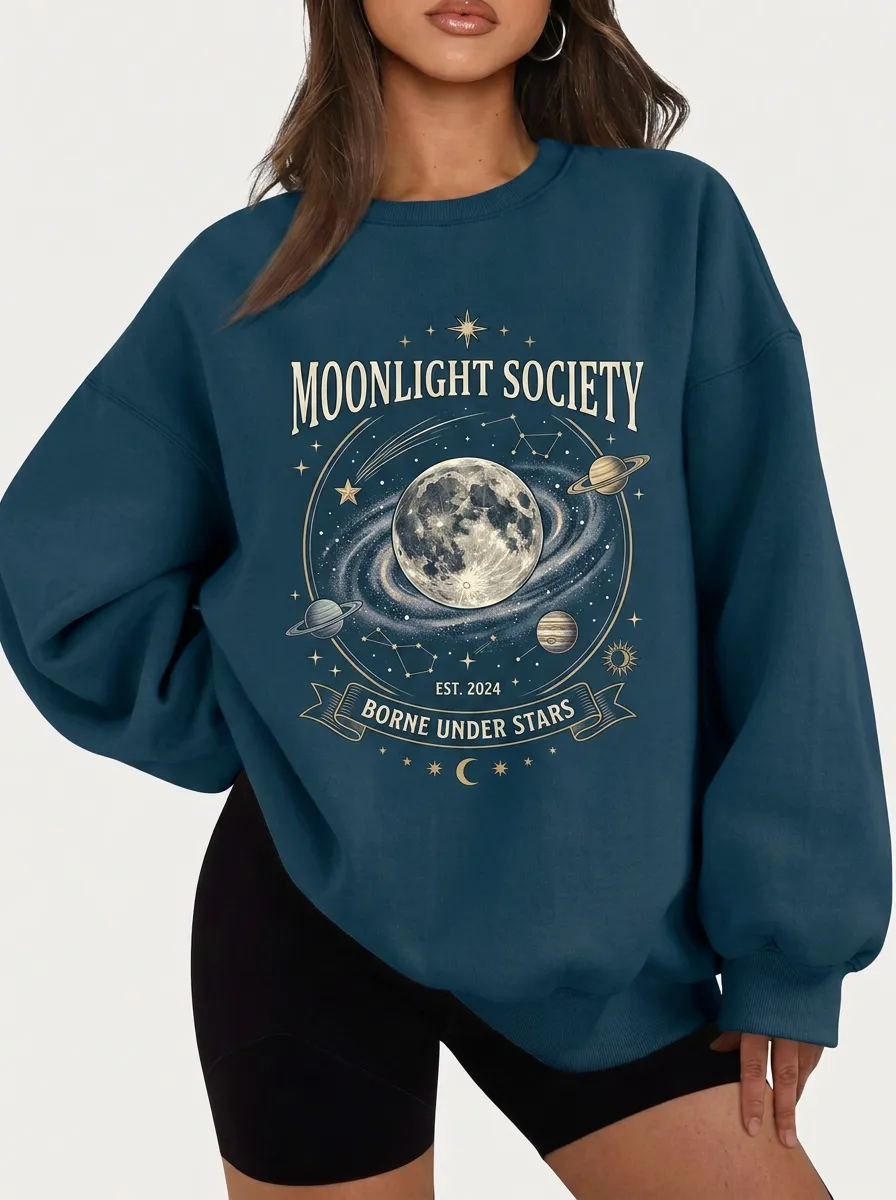Women's Celestial Moonlight Society Moon Planets Printed T-shirt
