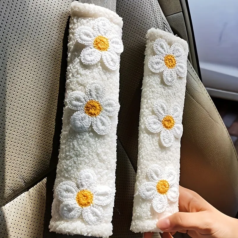 2 Pcs Flower Crochet Seatbelt Cover