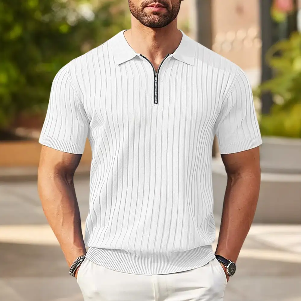 Zip Front Short Sleeve Fine Knit Polo Shirt